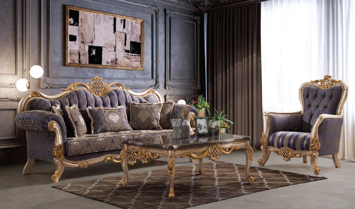 Luxus Barock Sofa Blau / Silber / Gold 230 x 85 x H. 120 cm - Prunkvolles Wohnzimmer Sofa mit elegantem Muster - Möbel im Barockstil