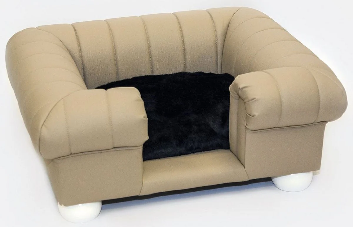 Luxus Leder Hundebett Beige / Weiß / Schwarz 79 x 69 x H. 31 cm - Rechteckiges Echtleder Hundebett - Luxus Tiermöbel - Leder Tiermöbel - Hundemöbel