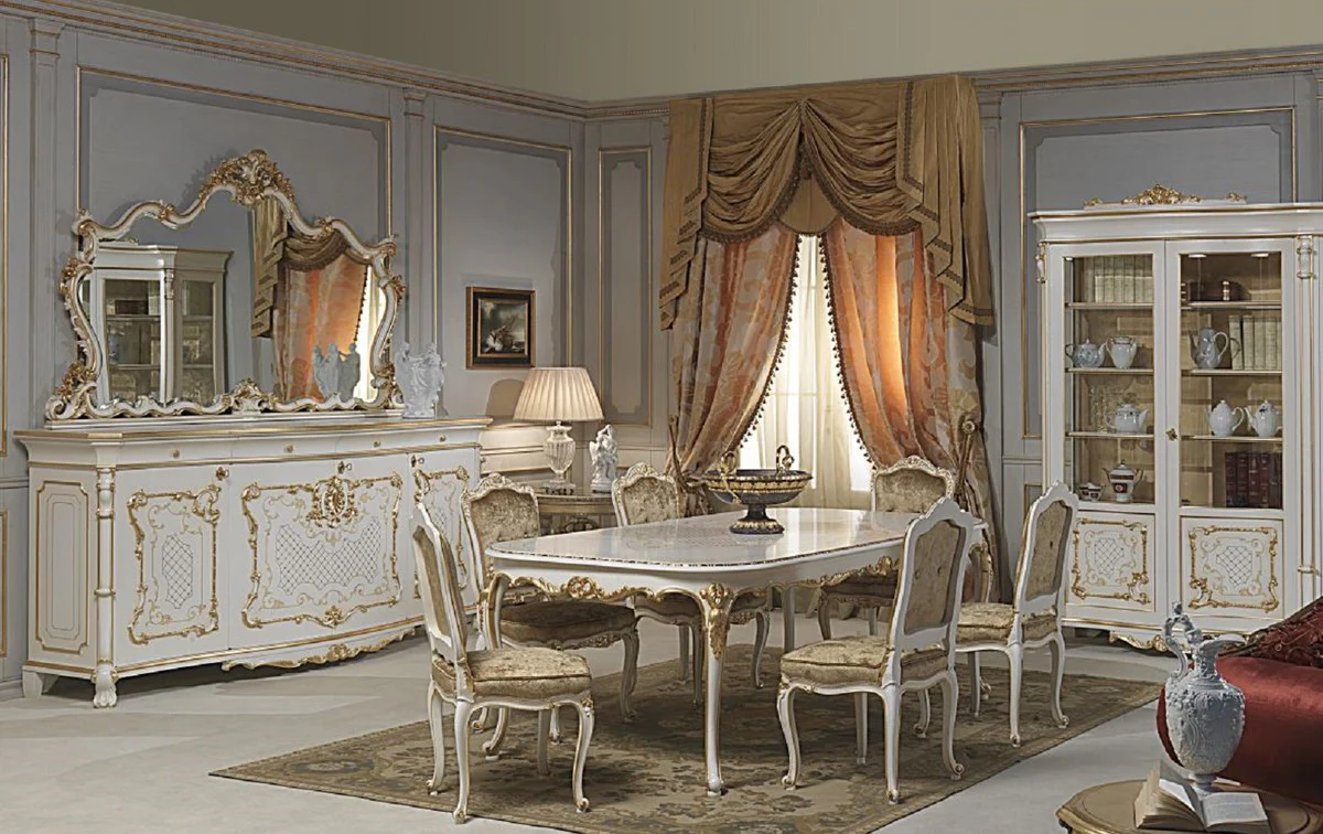 Luxus Barock Esszimmer Set Weiß / Gold - 1 Esstisch & 6 Esszimmerstühle - Esszimmer Möbel im Barockstil - Hotel Restaurant Schloss Möbel - Luxus Qualität - Made in Italy