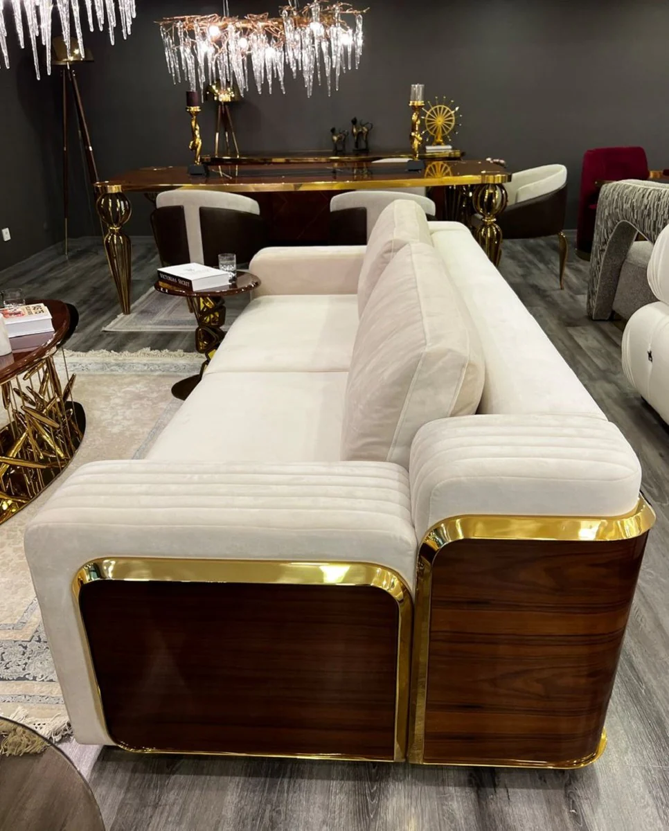 Luxus Sofa Creme / Braun / Gold 247 x 100 x H. 70 cm - Wohnzimmer Sofa - Hotel Sofa - Wohnzimmer Möbel - Hotel Möbel - Luxus Möbel - Luxus Einrichtung - Wohnzimmer Einrichtung