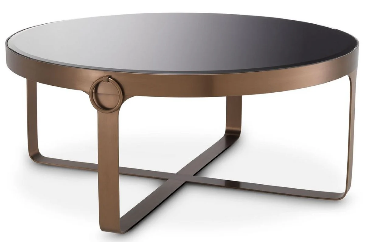 Luxus Couchtisch Kupferfarben / Schwarz Ø 90 x H. 38,5 cm - Runder Edelstahl Wohnzimmertisch mit Glasplatte - Wohnzimmer Möbel - Luxus Möbel