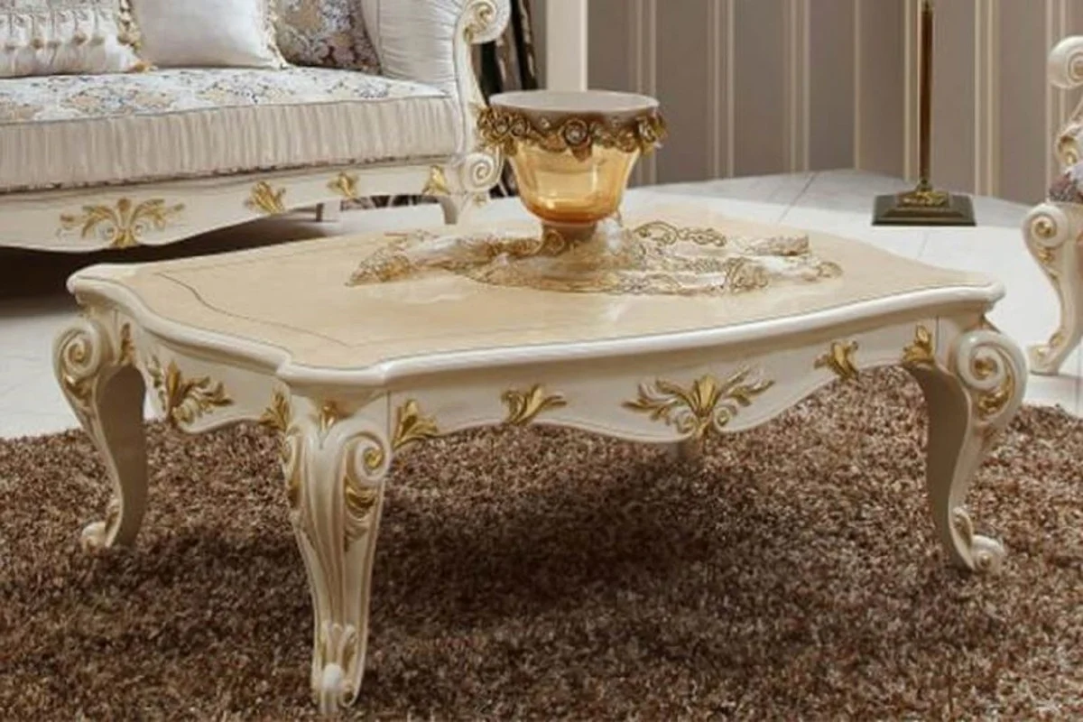 Luxus Barock Wohnzimmer Set Weiß / Braun / Mehrfarbig / Creme / Gold - 2 Barock Sofas & 2 Barock Sessel & 1 Barock Couchtisch - Luxus Wohnzimmer Möbel im Barockstil - Barock Möbel