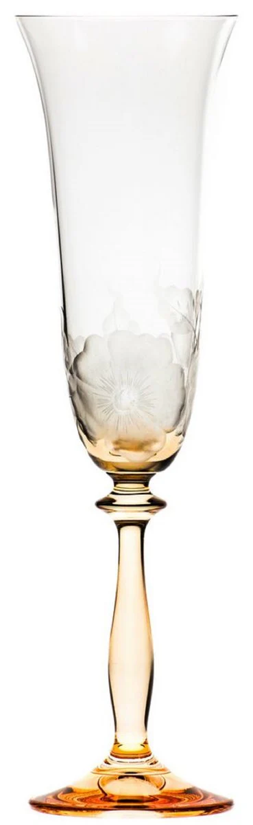 Luxus Barock Champagnerglas 6er Set Orange Ø 7 x H. 24,5 cm - Handgefertigte und handgravierte Champagnergläser mit Blumen Design - Hotel & Restaurant Accessoires