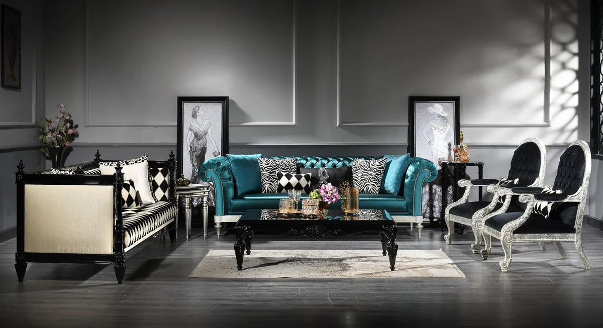 Luxus Barock Couchtisch Schwarz 144 x 98 x H. 46 cm - Barockstil Wohnzimmertisch mit Glasplatte - Barockmöbel