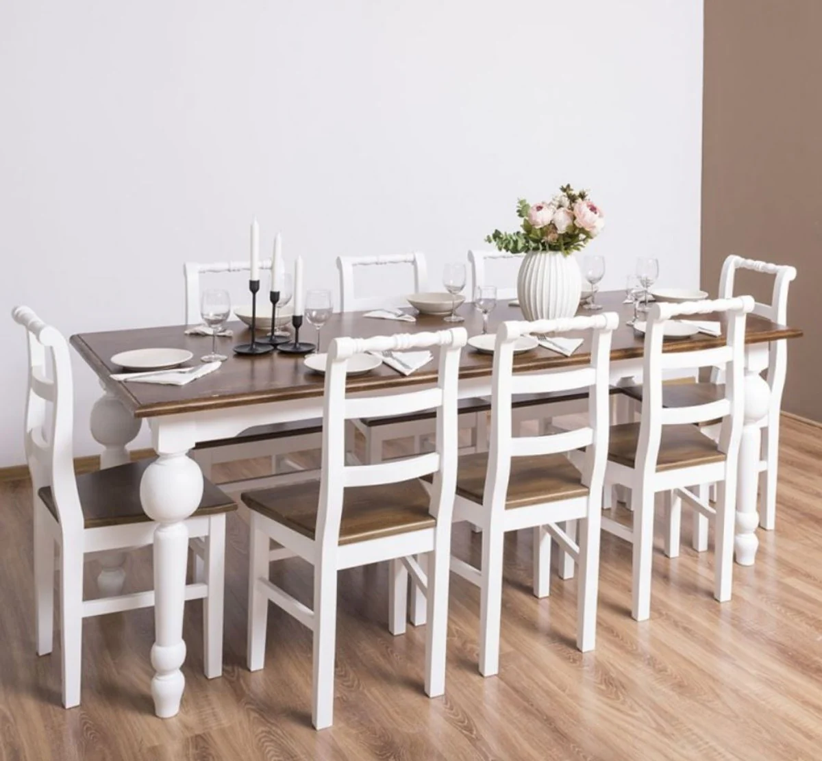 Landhausstil Esszimmer Möbel Set Braun / Weiß - 1 Esstisch & 8 Esszimmerstühle - Massivholz Esszimmer Möbel - Landhausstil Möbel