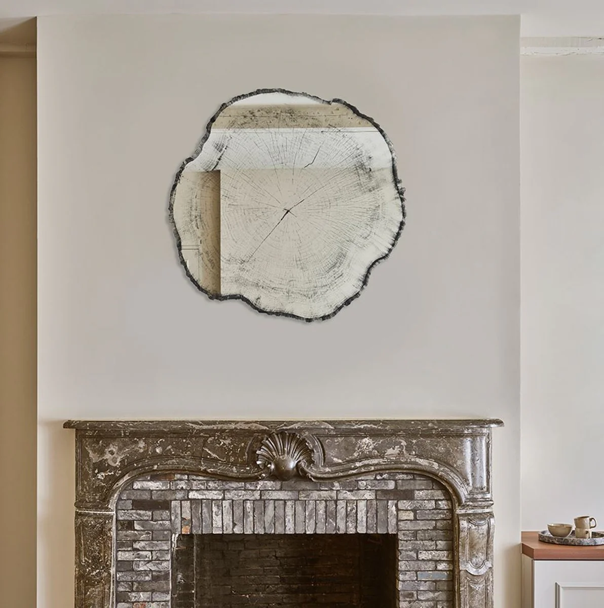 Luxus Wandspiegel im Baumscheiben Design Weiß / Schwarz 80 x 2,5 x H. 78 cm - Wohnzimmer Spiegel - Schlafzimmer Spiegel - Garderoben Spiegel - Luxus Möbel - Luxus Interior