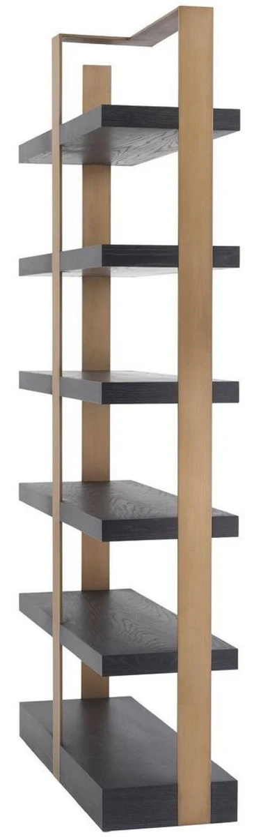 Luxus Regalschrank Anthrazitgrau / Messingfarben 120,5 x 40 x H. 230 cm - Eichenfurnier Schrank mit Edelstahlrahmen - Bücherschrank - Luxus Wohnzimmer Möbel