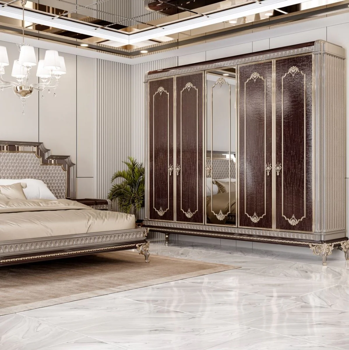 Luxus Barock Schlafzimmer Schrank Dunkelbraun / Grau / Gold