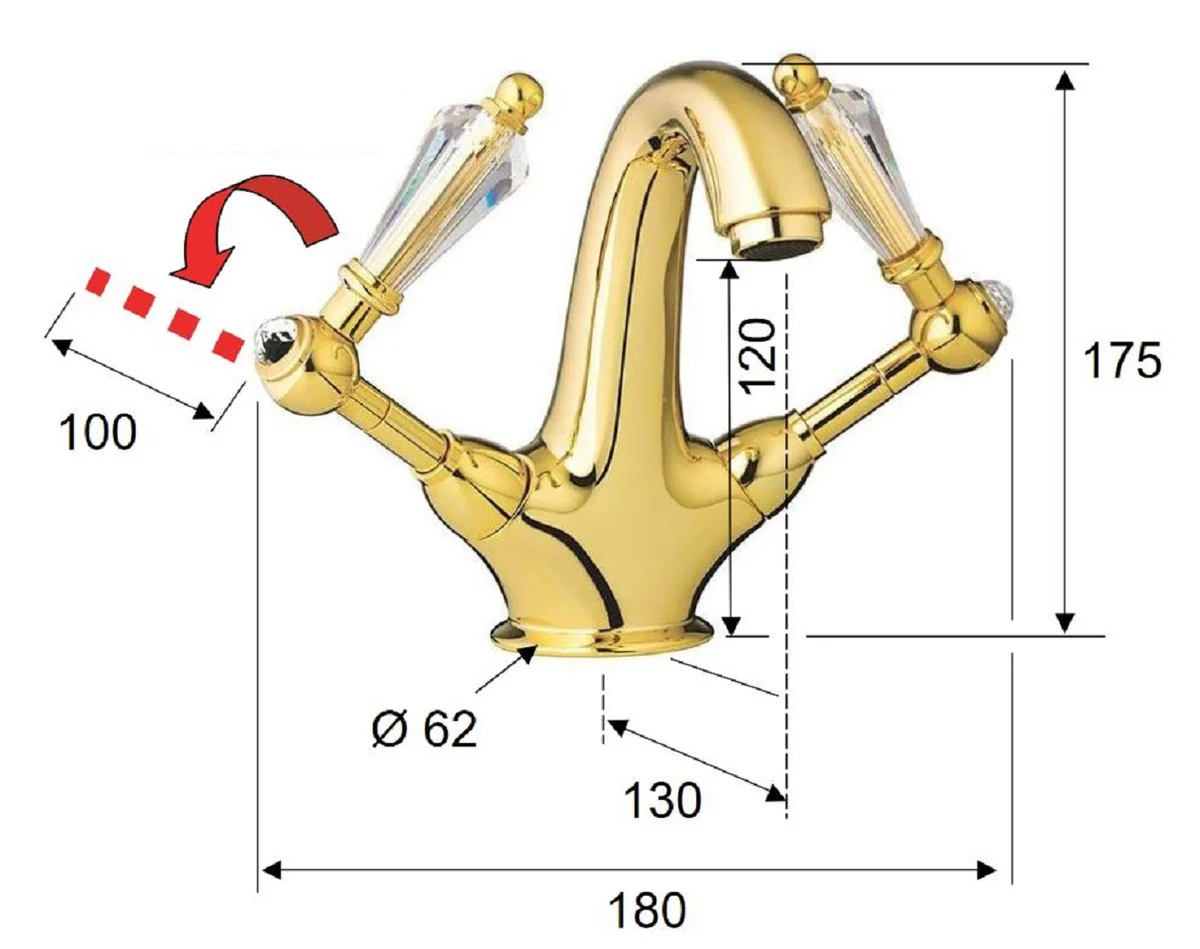 Luxus Jugendstil Waschtisch Armatur mit Swarovski Kristallglas Gold H. 17,5 cm - Nostalgisches Bad Zubehör - Luxus Qualität - Made in Italy