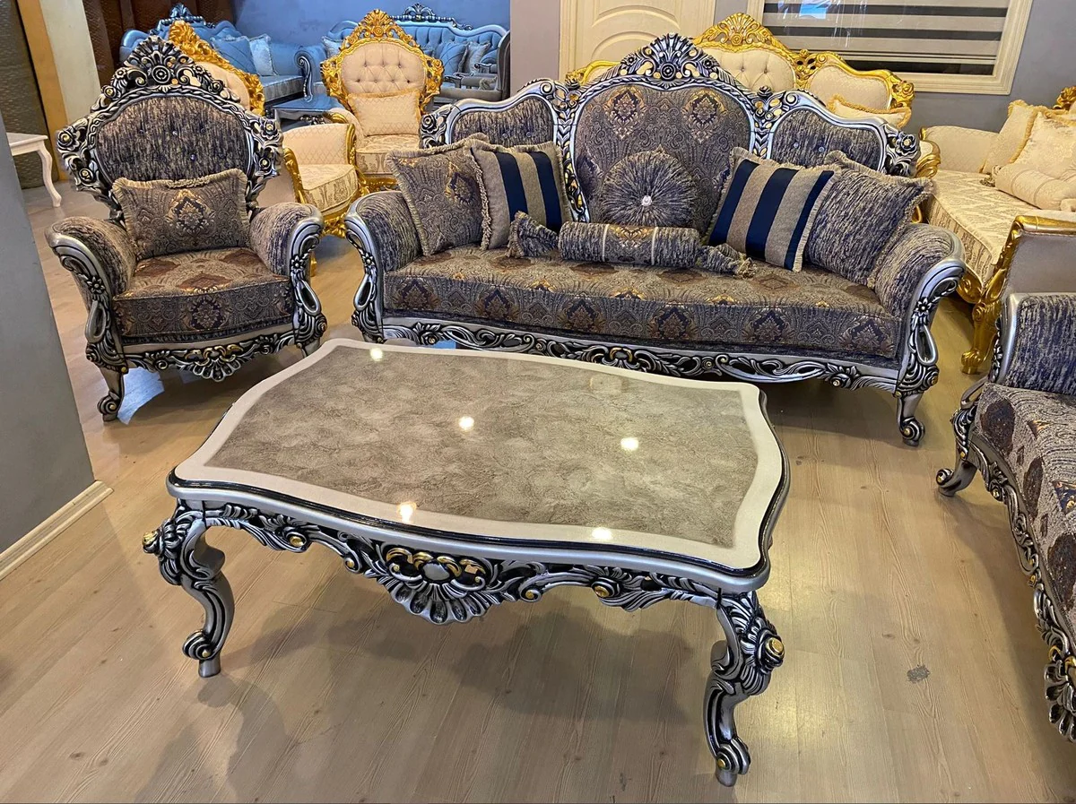 Luxus Barock Couchtisch Silber / Schwarz / Gold - Rechteckiger Massivholz Wohnzimmertisch im Barockstil - Barock Möbel - Luxus Möbel im Barockstil - Barock Einrichtung