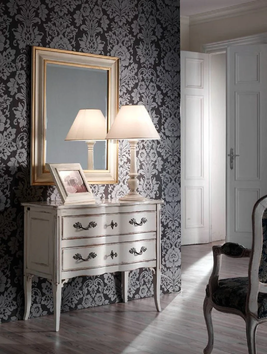 Luxus Barock Kommode Antik Weiß / Silber - Handgefertigte Massivholz Kommode mit 2 Schubladen - Barockstil Schlafzimmer Möbel - Barock Möbel - Luxus Qualität - Made in Italy