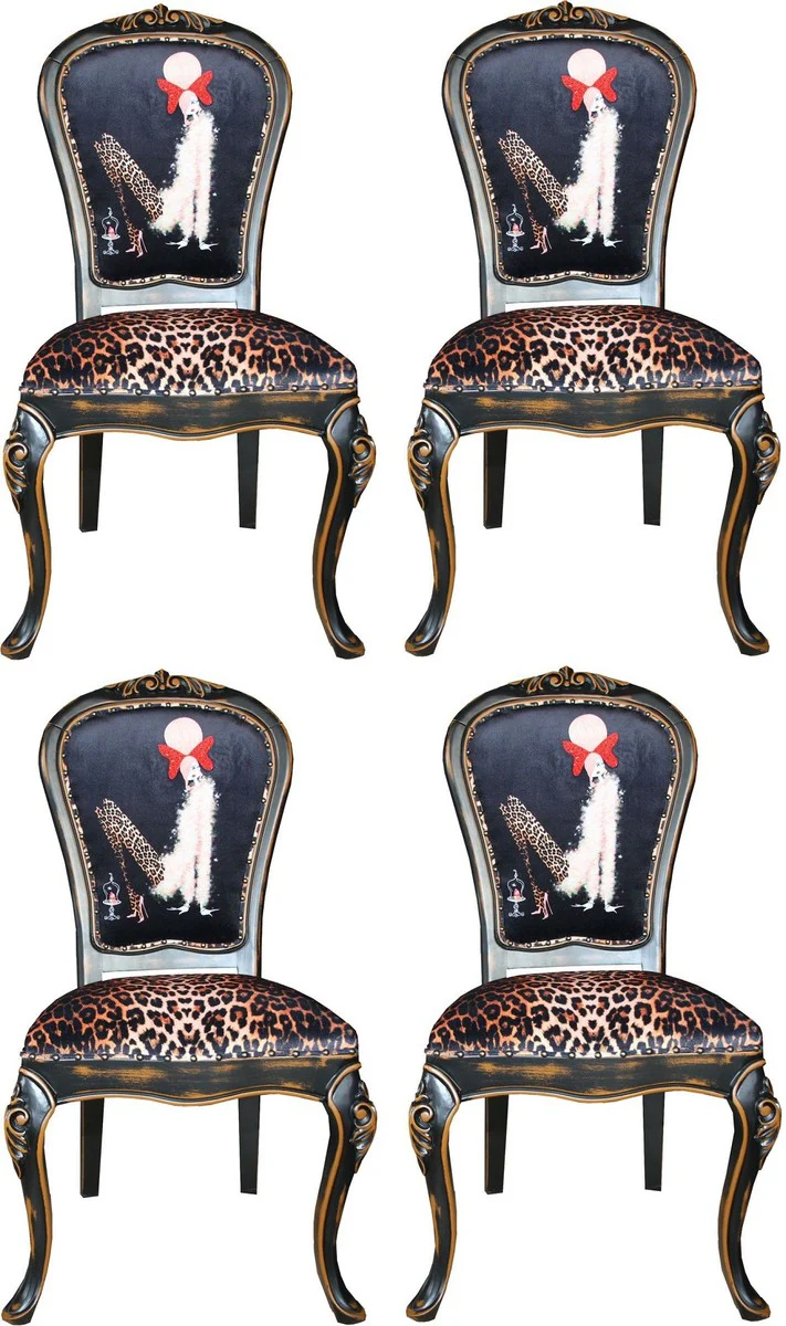 Luxus Barock Esszimmer Set Dame mit High Heels Leopard / Schwarz / Braun 50 x 50 x H. 110 cm - 4 handgefertigte Esszimmerstühle - Barockmöbel