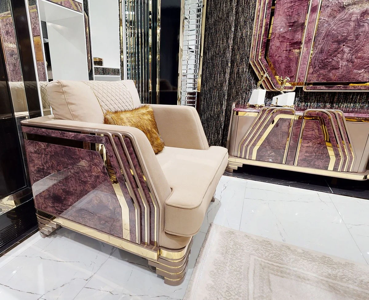 Luxus Art Deco Wohnzimmer Set Beige / Lila / Grau / Gold - 2 Sofas & 2 Sessel & 1 Couchtisch - Luxus Art Deco Wohnzimmer & Hotel Möbel