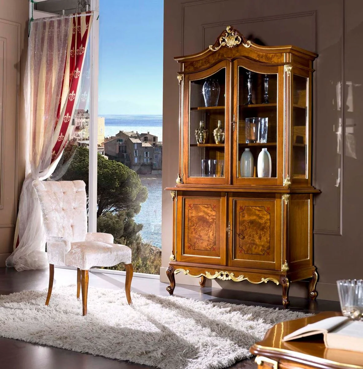 Luxus Barock Esszimmer Stuhl mit Armlehnen Weiß / Braun - Handgefertigter Barockstil Stuhl - Barock Esszimmer Möbel - Luxus Qualität - Made in Italy