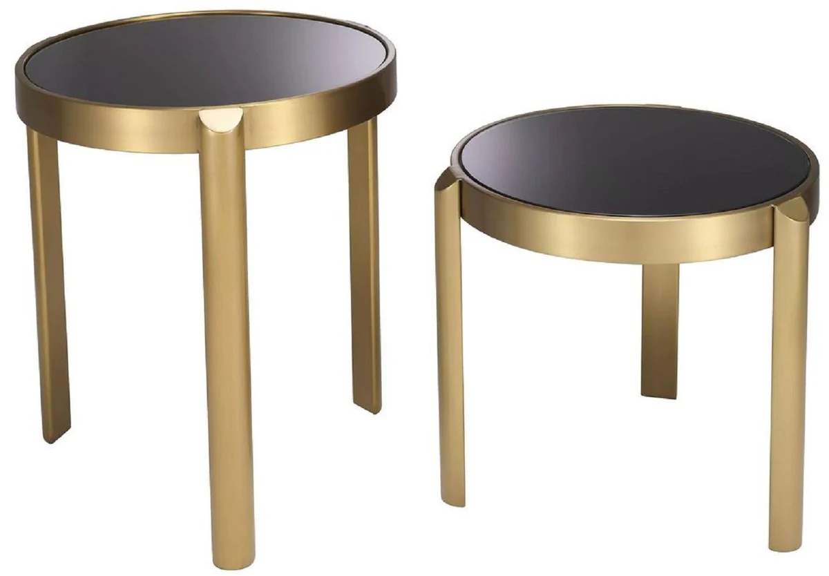 Luxus Beistelltisch Set Messing / Schwarz - 2 runde Edelstahl Tische mit Glasplatten - Wohnzimmer Möbel - Hotel Möbel - Luxus Möbel - Luxus Einrichtung - Möbel Luxus