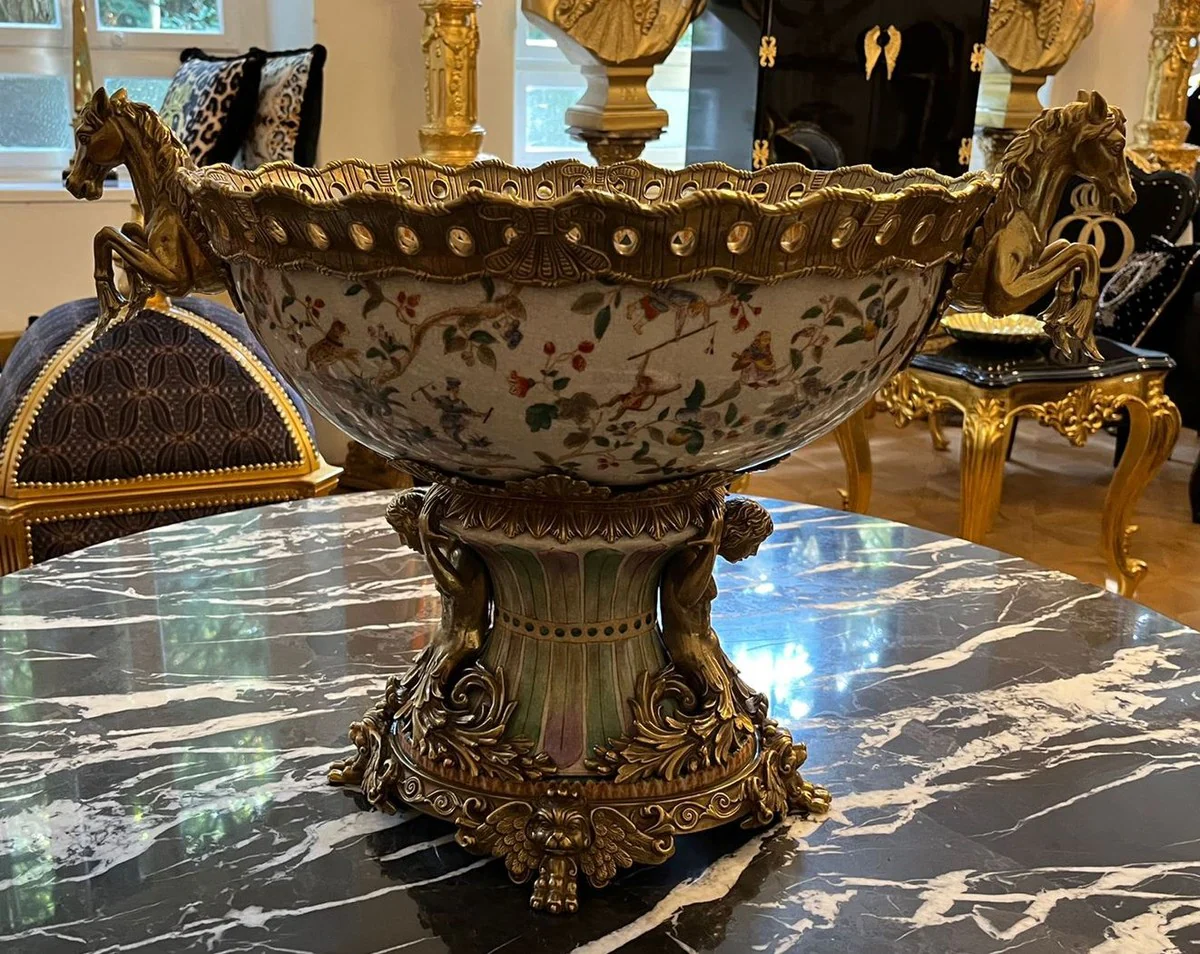 Jugendstil Porzellan Schüssel Mehrfarbig / Messing 63 x 38 x H. 41 cm - Prunkvolle Porzellan Schale - Barock & Jugendstil Deko Accessoires