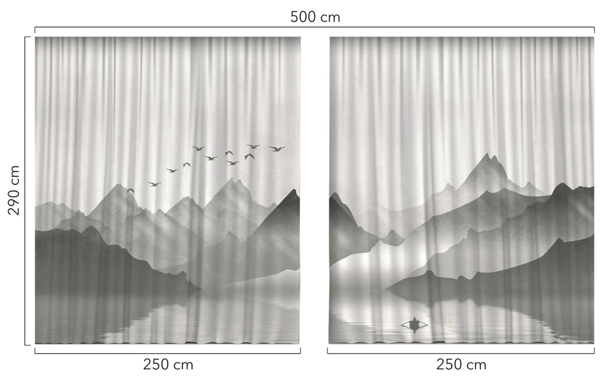 Luxus Vorhang Set Gebirge mit See Grau 250 x H. 290 cm - Bedruckte Leinen & Samt Vorhänge - Ösenvorhänge - Schiebevorhänge - Edle Wohnzimmer Schlafzimmer Vorhänge