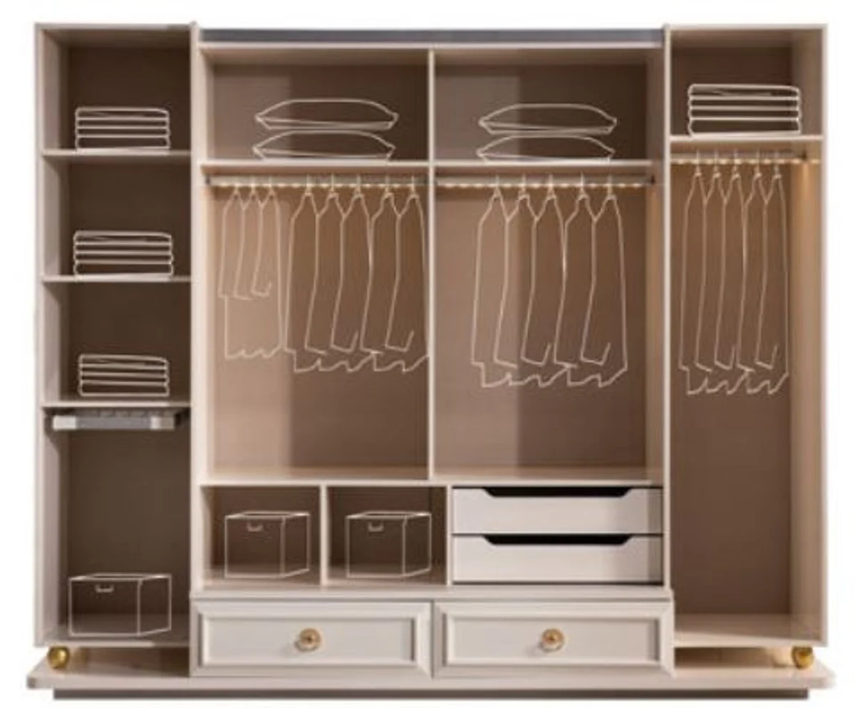 Luxus Barock Schlafzimmerschrank Weiß / Gold 267 x 73 x H. 223 cm - Edler Massivholz Kleiderschrank - Schlafzimmer Möbel im Barockstil - Luxus Qualität