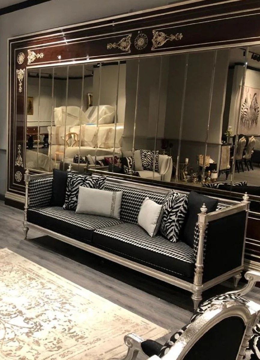 Luxus Barock Sofa Schwarz / Silber / Antik Silber - Wohnzimmer Sofa mit elegantem Muster - Edel & Prunkvoll