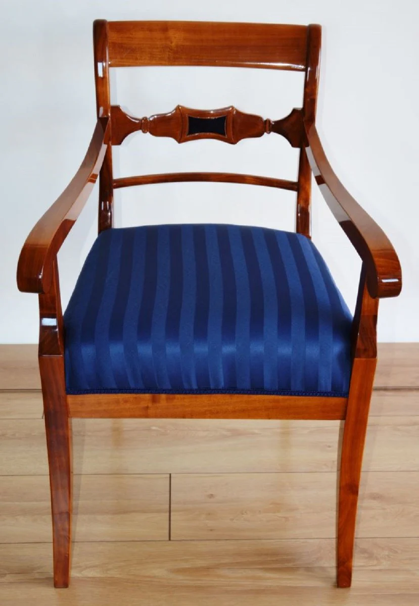 Luxus Biedermeier Esszimmer Stuhl mit Armlehnen und Streifen Braun / Blau 58 x H. 92 cm - Massivholz Küchen Stuhl - Massivholz Esszimmer Möbel - Biedermeier Esszimmer Möbel