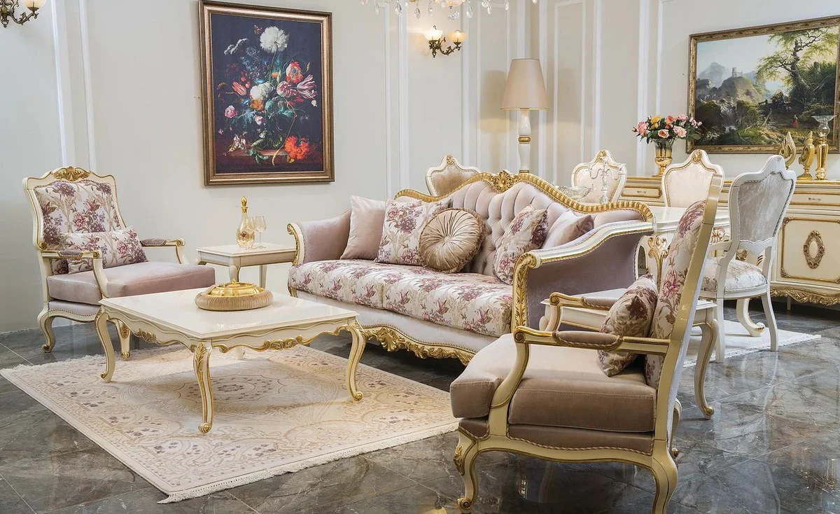 Luxus Barock Couchtisch Weiß / Gold 121 x 81 x H. 44 cm - Edler Massivholz Wohnzimmertisch im Barockstil - Barock Wohnzimmer Möbel