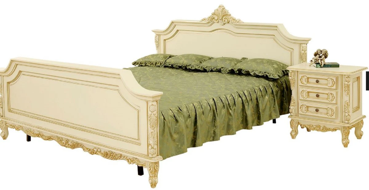 Luxus Barock Doppelbett Creme / Beige - Prunkvolles Massivholz Bett - Luxus Schlafzimmer Möbel im Barockstil - Barock Schlafzimmer Möbel - Edel & Prunkvoll
