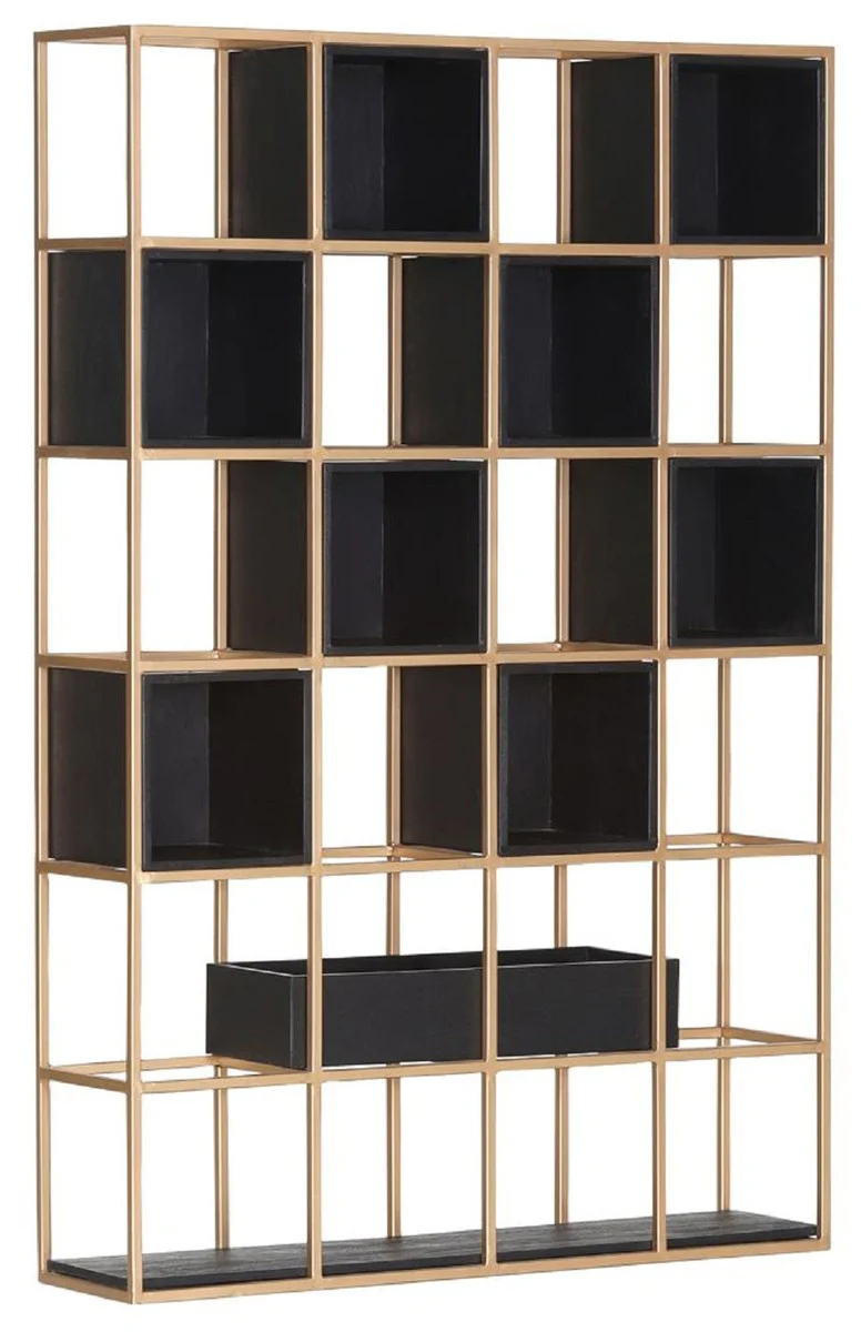 Luxus Metall Regalschrank mit Holzfächern Messing / Schwarz H. 160 cm
