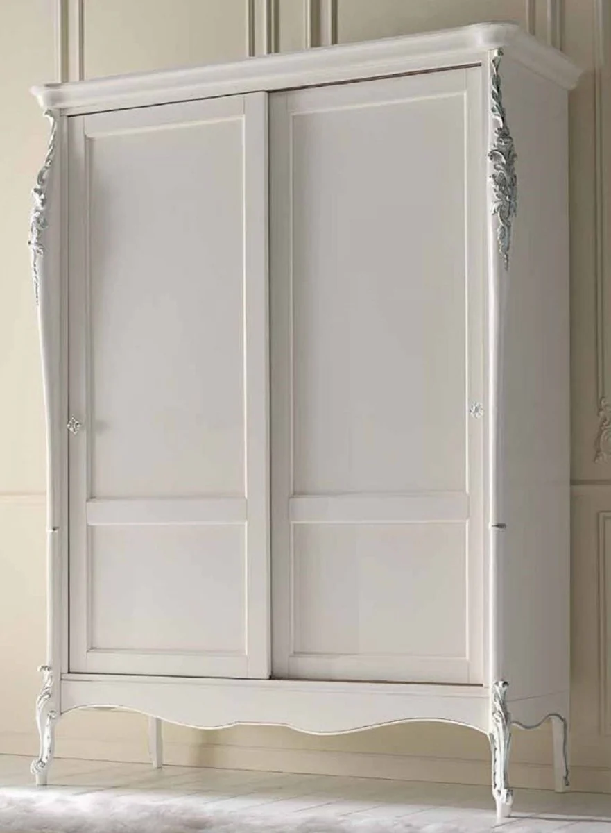 Luxus Barock Schlafzimmer Schrank Weiß / Silber - Massivholz Kleiderschrank mit 2 Schiebetüren im Barockstil - Schlafzimmer Möbel - Barock Möbel - Luxus Qualität - Made in Italy