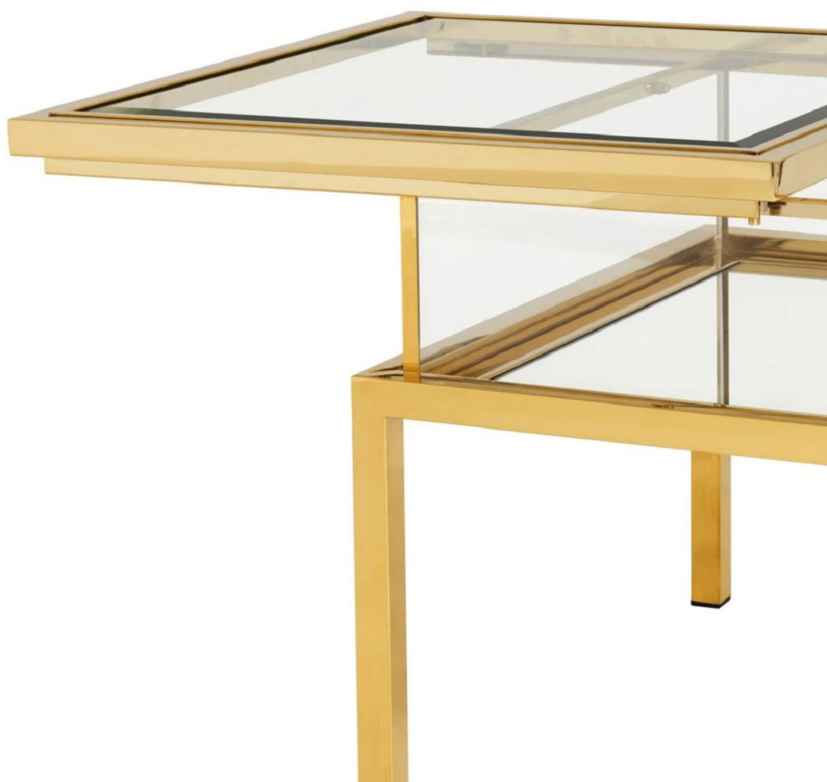 Luxus Beistelltisch Gold 65 x 65 x H. 55,5 cm - Quadratischer Edelstahl Beistelltisch mit Glasplatte - Vitrine