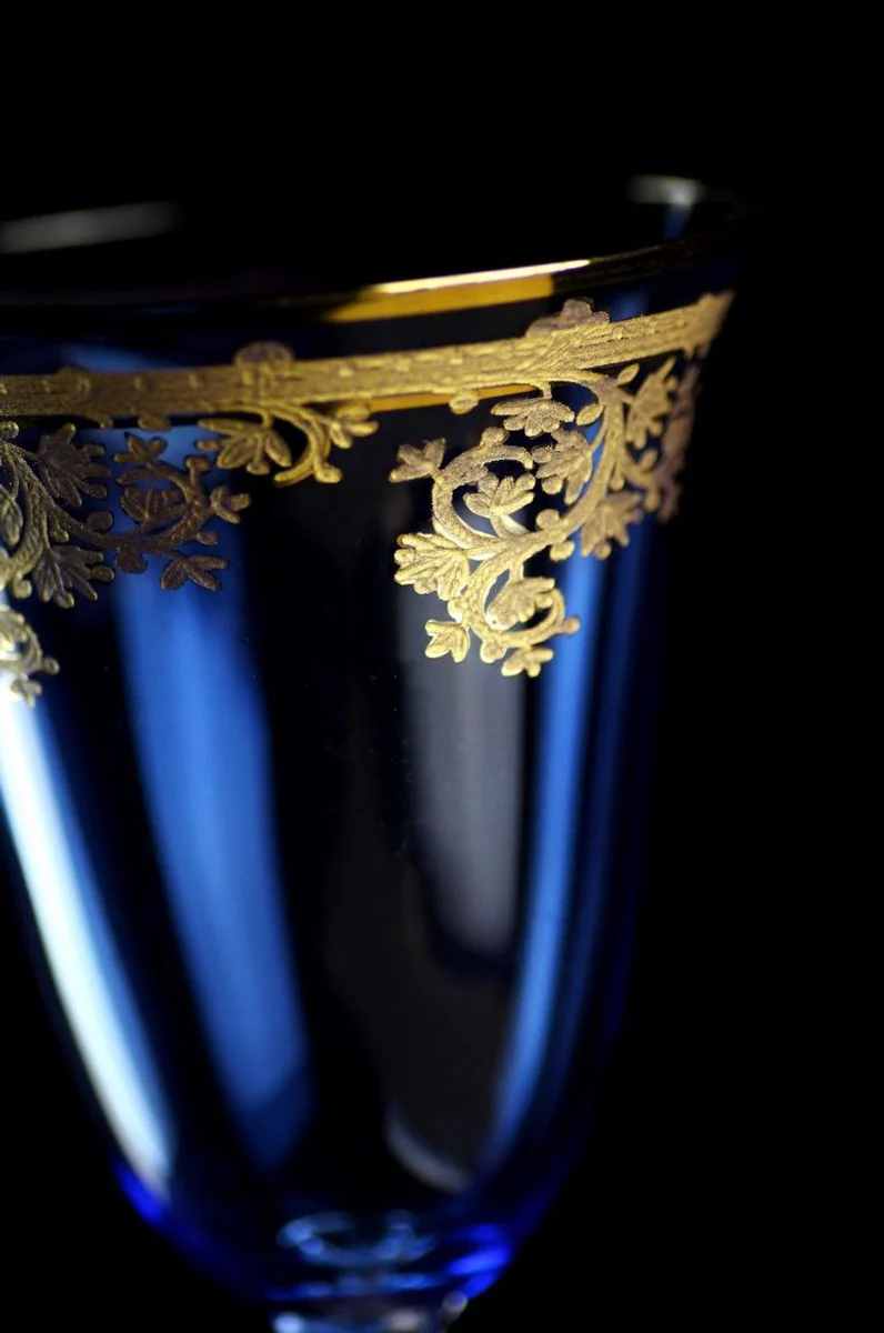 Luxus Barock Weinglas 6er Set Hellblau / Gold Ø 9 x H. 21,5 cm - Handgefertigte gravierte und handbemalte Weingläser - Hotel & Restaurant Accessoires - Luxus Qualität