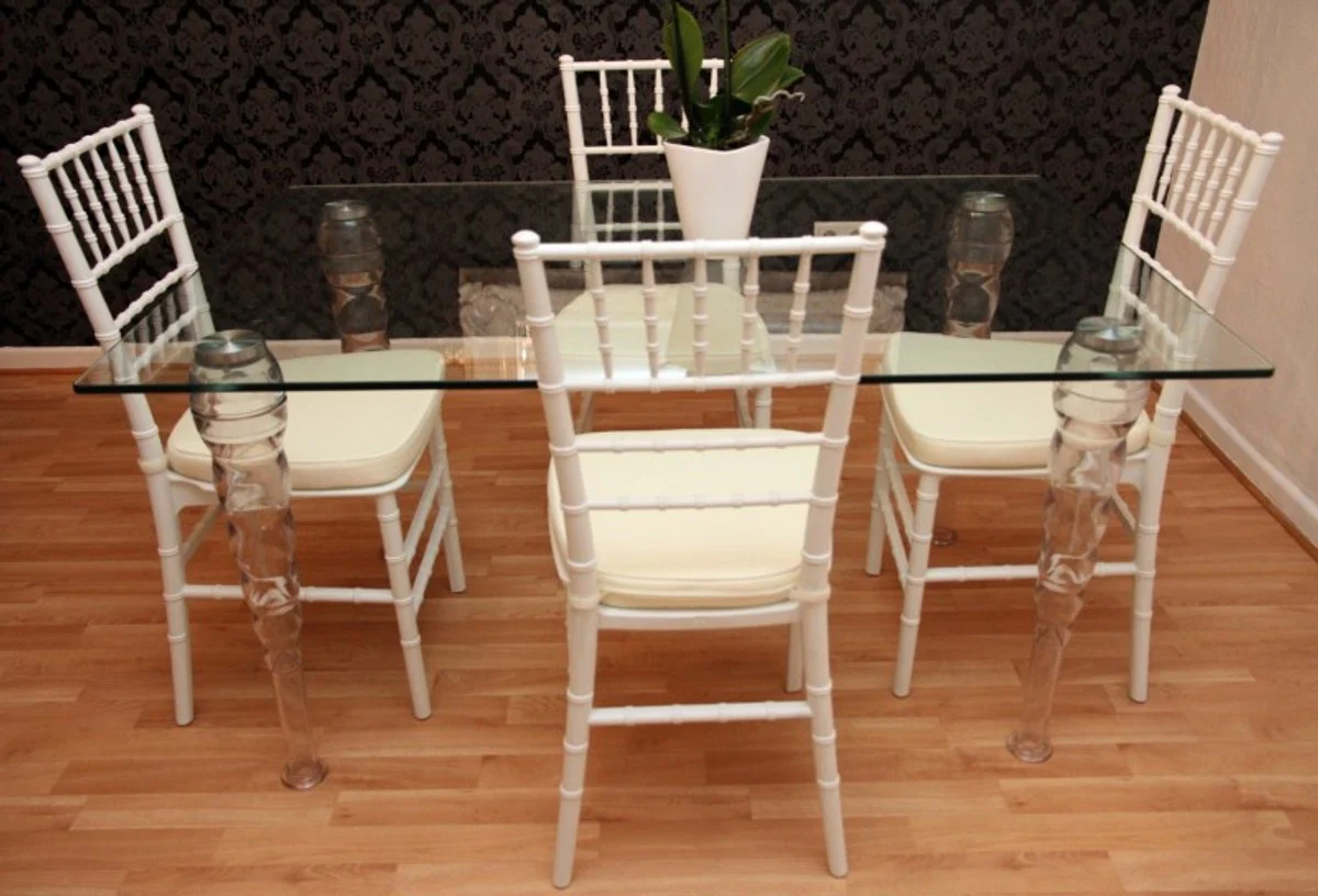 Designer Acryl Esszimmer Set Weiß/Creme - Ghost Chair Table - Polycarbonat Möbel - 1 Tisch + 4 Stühle - Designer Möbel