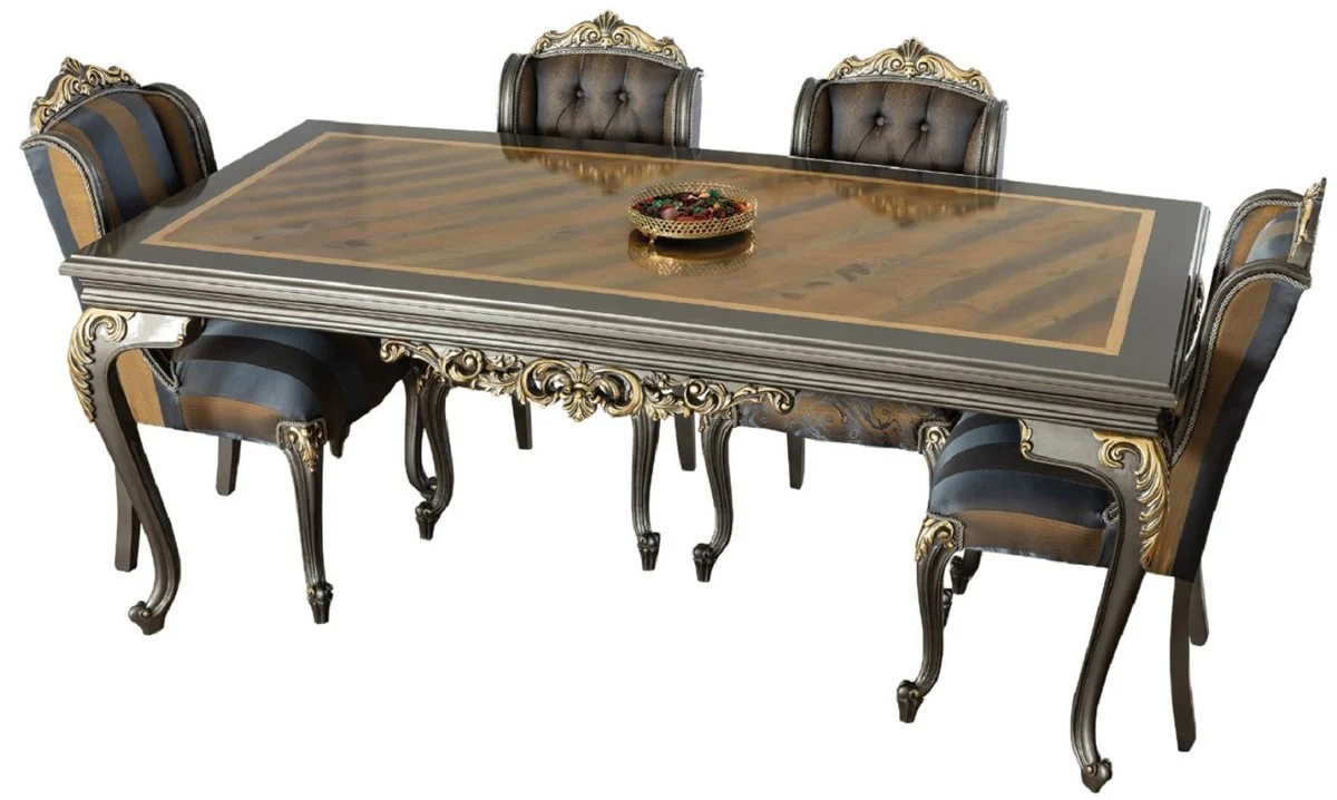 Luxus Barock Esszimmer Set Blau / Grau / Gold - 1 Esszimmertisch & 6 Esszimmerstühle - Edle Barock Esszimmer Möbel - Edel & Prunkvoll