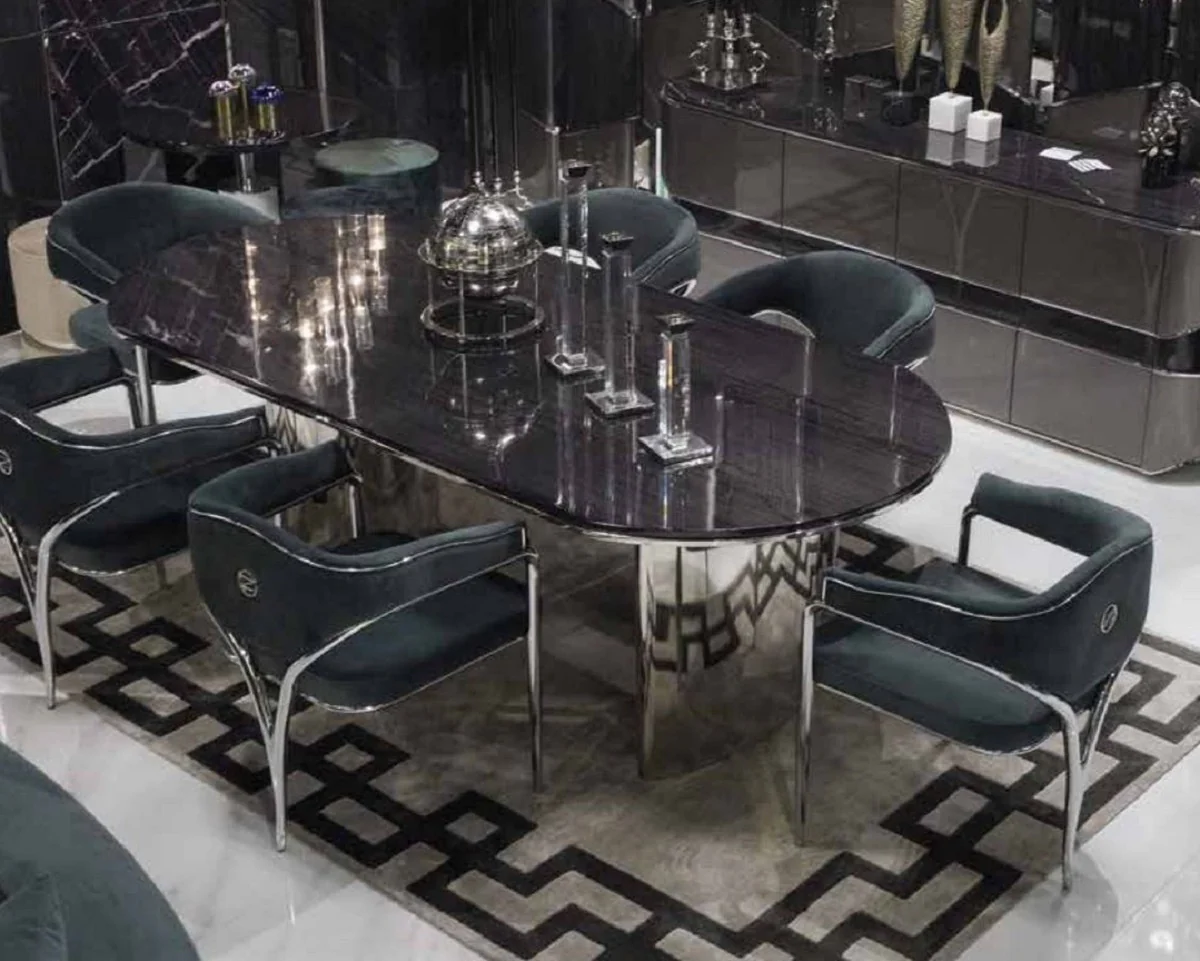 Luxus Esszimmer Stuhl Set mit Armlehnen Grau / Silber 56 x 52 x H. 71 cm - Küchen Stühle 6er Set - Esszimmer Möbel - Restaurant Möbel - Luxus Möbel - Luxus Einrichtung