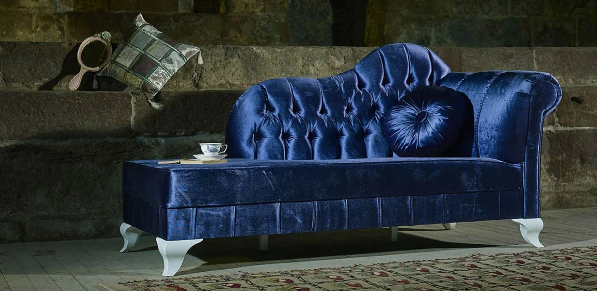 Luxus Barock Chaiselongue Blau / Weiß - Handgefertigte Massivholz Recamiere mit edlem Samtstoff und dekorativem Kissen - Barock Möbel - Edel & Prunkvoll