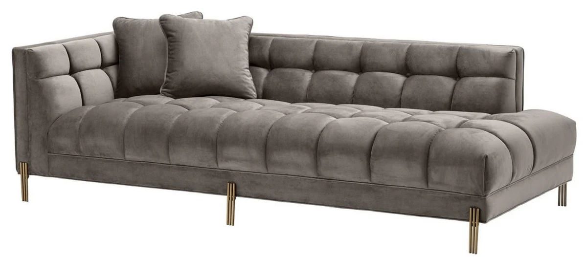 Luxus Lounge Sofa Grau - Greige / Messingfarben 223 x 95 x H. 68 cm - Linksseitiges Wohnzimmer Sofa mit edlem Samtsoff und 2 Kissen