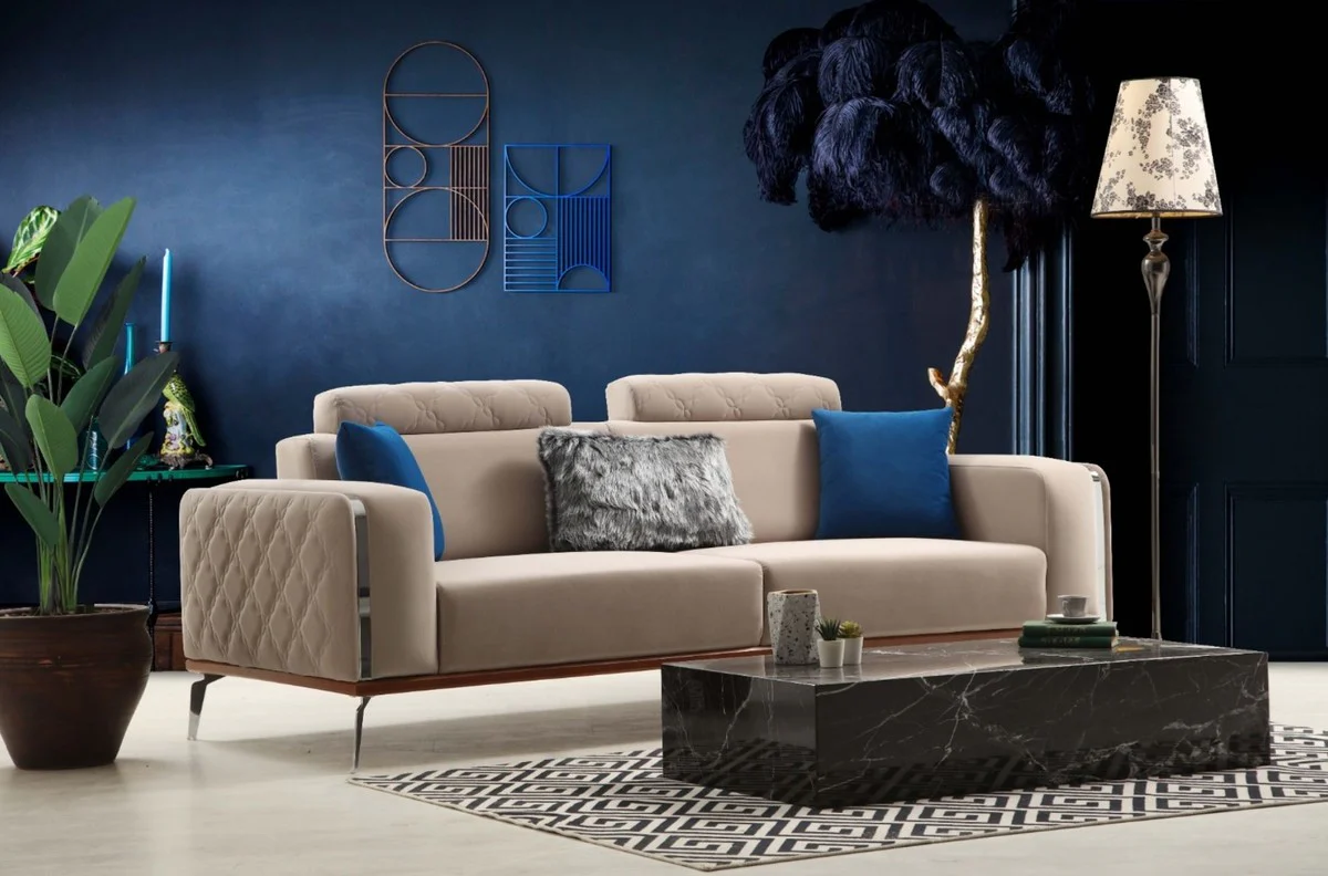 Luxus Wohnzimmer Sofa mit verstellbarer Rückenlehne Beige / Braun / Silber 225 x 95 x H. 89 cm - Luxus Wohnzimmer Möbel