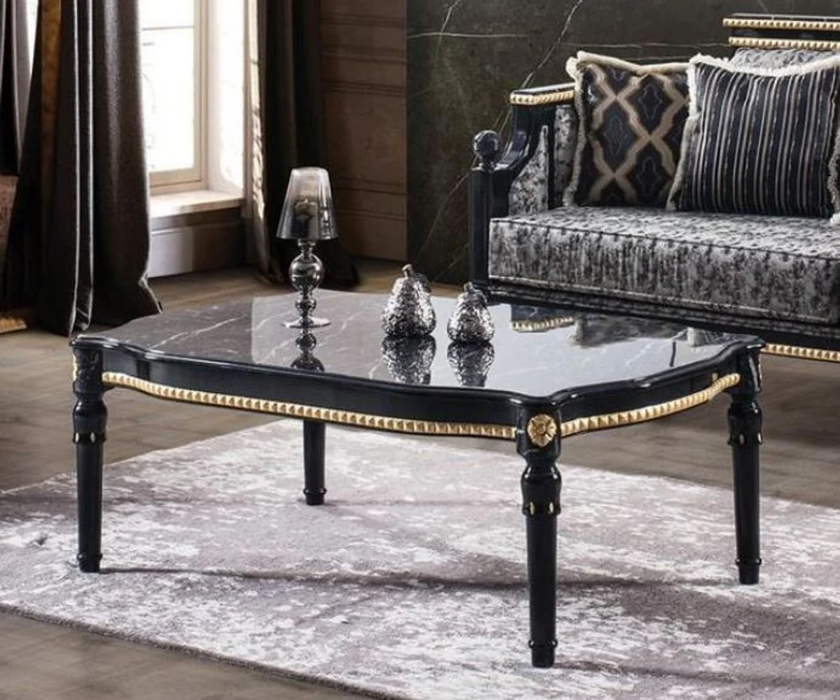 Luxus Barock Couchtisch Schwarz / Gold 115 x 75 x H. 45 cm - Rechteckiger Wohnzimmertisch mit Glasplatte in Marmoroptik - Edle Wohnzimmer Möbel im Barockstil