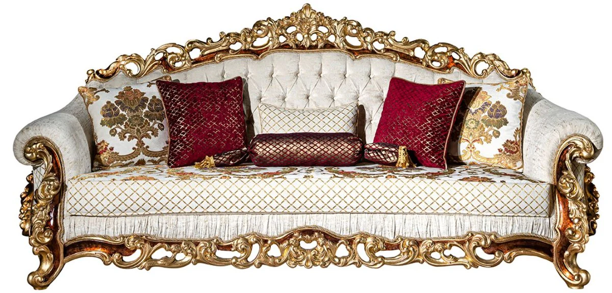 Luxus Barock Sofa Weiß / Gold / Braun / Gold - Prunkvolles Wohnzimmer Sofa mit dekorativen Kissen - Barock Möbel