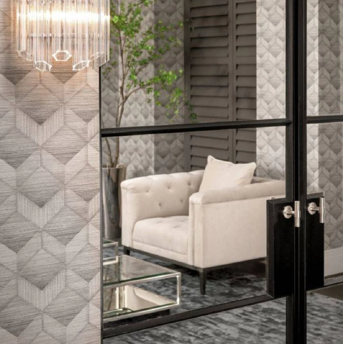 Luxus Chesterfield Sessel mit Kissen Hellgrau / Rotguss 103 x 97 x H. 75 cm - Chesterfield Wohnzimmer Möbel