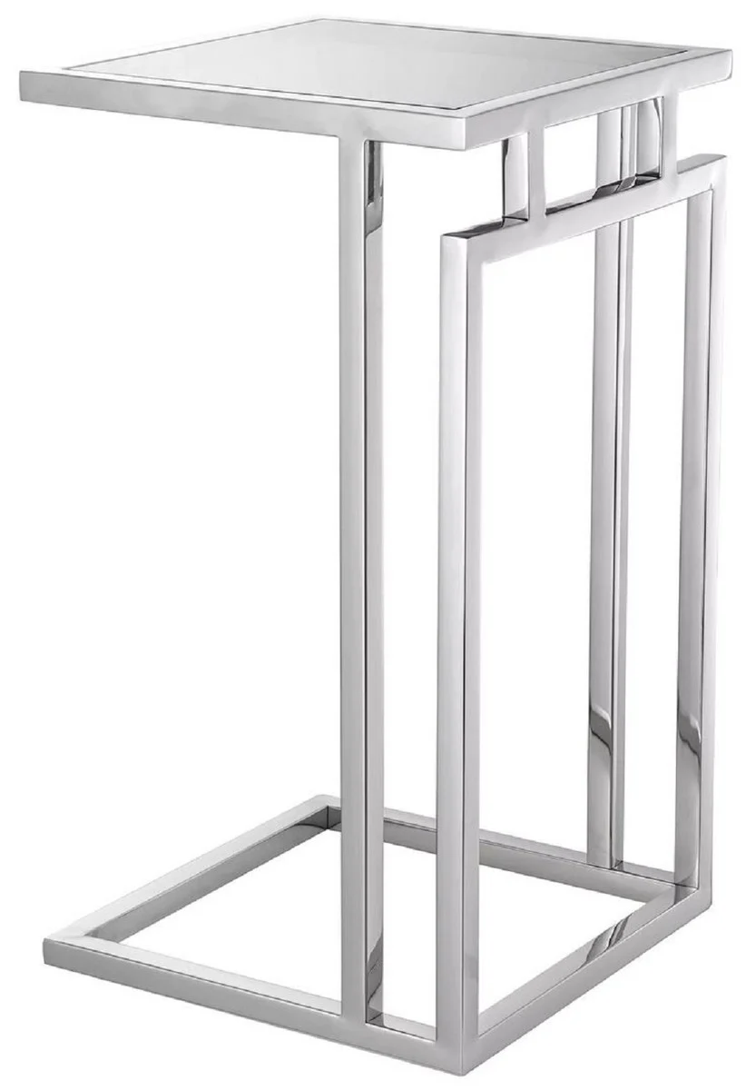 Luxus Beistelltisch Silber / Grau 33 x 33 x H. 60 cm - Edelstahl Tisch mit Glasplatte - Wohnzimmer Möbel - Luxus Möbel - Luxus Einrichtung - Luxus Interior