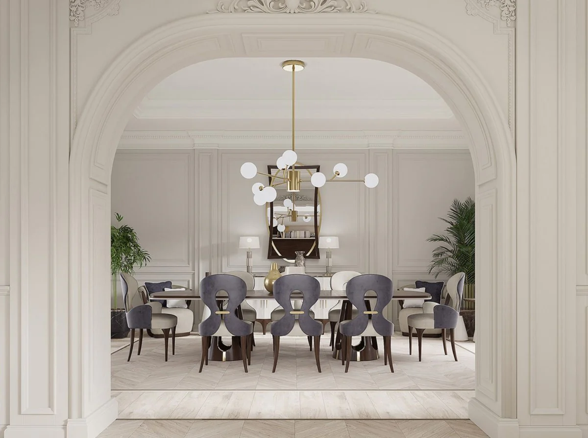 Luxus Art Deco Esszimmer Set Grau / Lila / Braun / Gold - 1 Luxus Art Deco Esstisch & 8 Luxus Art Deco Esszimmerstühle - Art Deco Esszimmer Möbel - Luxus Qualität - Made in Italy