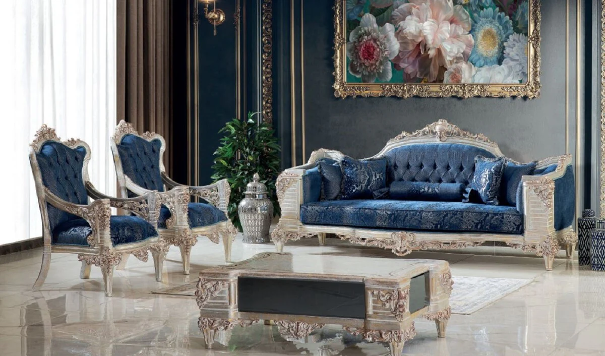 Luxus Barock Sofa Blau / Creme / Kupfer / Gold 245 x 100 x H. 115 cm - Prunkvolles Wohnzimmer Sofa mit elegantem Muster - Möbel im Barockstil