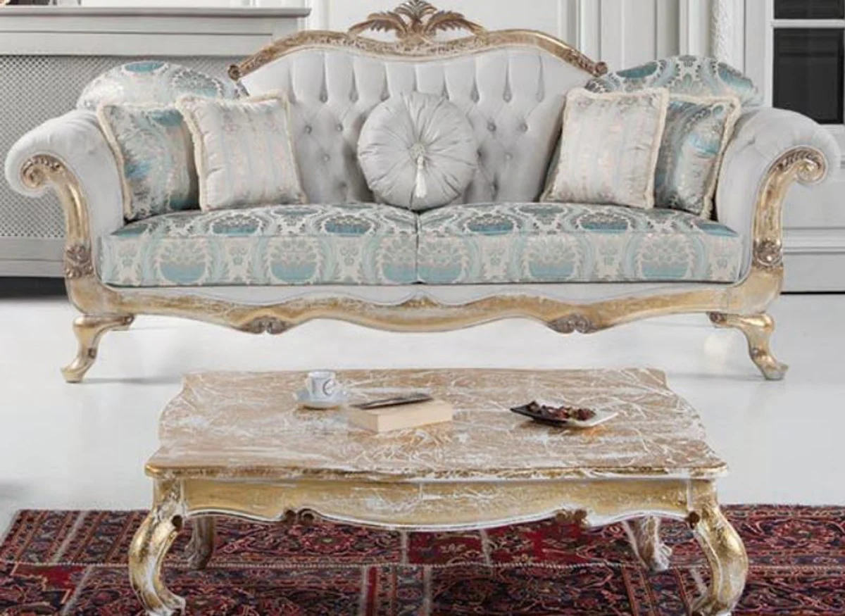 Luxus Barock Massivholz Couchtisch Weiß / Antik Gold 103 x 78 x H. 42 cm - Wohnzimmertisch im Barockstil - Barockmöbel