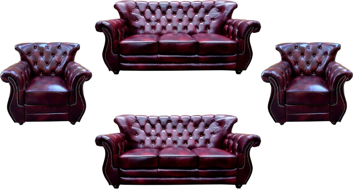 Luxus Chesterfield Echtleder Wohnzimmer Set Bordeauxrot / Braun / Silber - 2 Leder Sofas & 2 Leder Sessel - Chesterfield Wohnzimmer Möbel