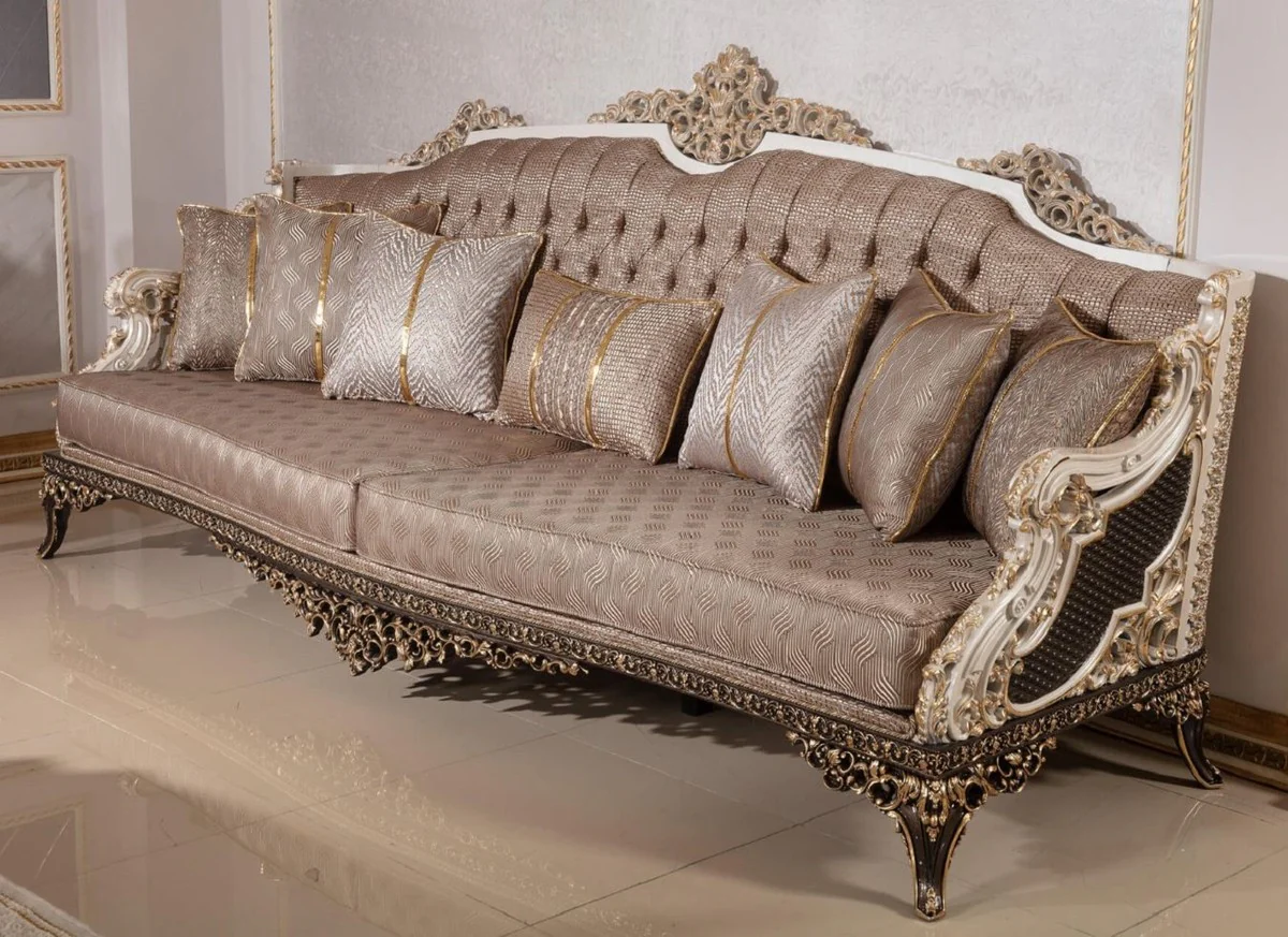 Luxus Barock Sofa Grau / Weiß / Dunkelbraun / Gold 255 cm