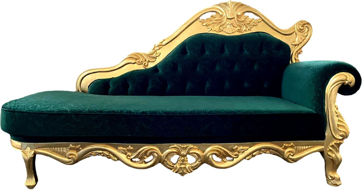 Luxus Barock Chaiselongue Grün / Gold - Handgefertigte Massivholz Recamiere mit edlem Samtstoff und elegantem Muster - Prunkvolle Barock Möbel
