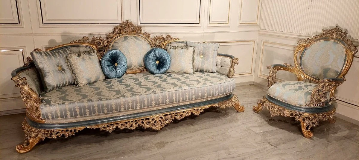 Luxus Barock Wohnzimmer Sofa Türkis / Creme / Gold - Handgefertigtes Barockstil Sofa - Luxus Wohnzimmer Möbel im Barockstil - Barock Möbel - Edel & Prunkvoll