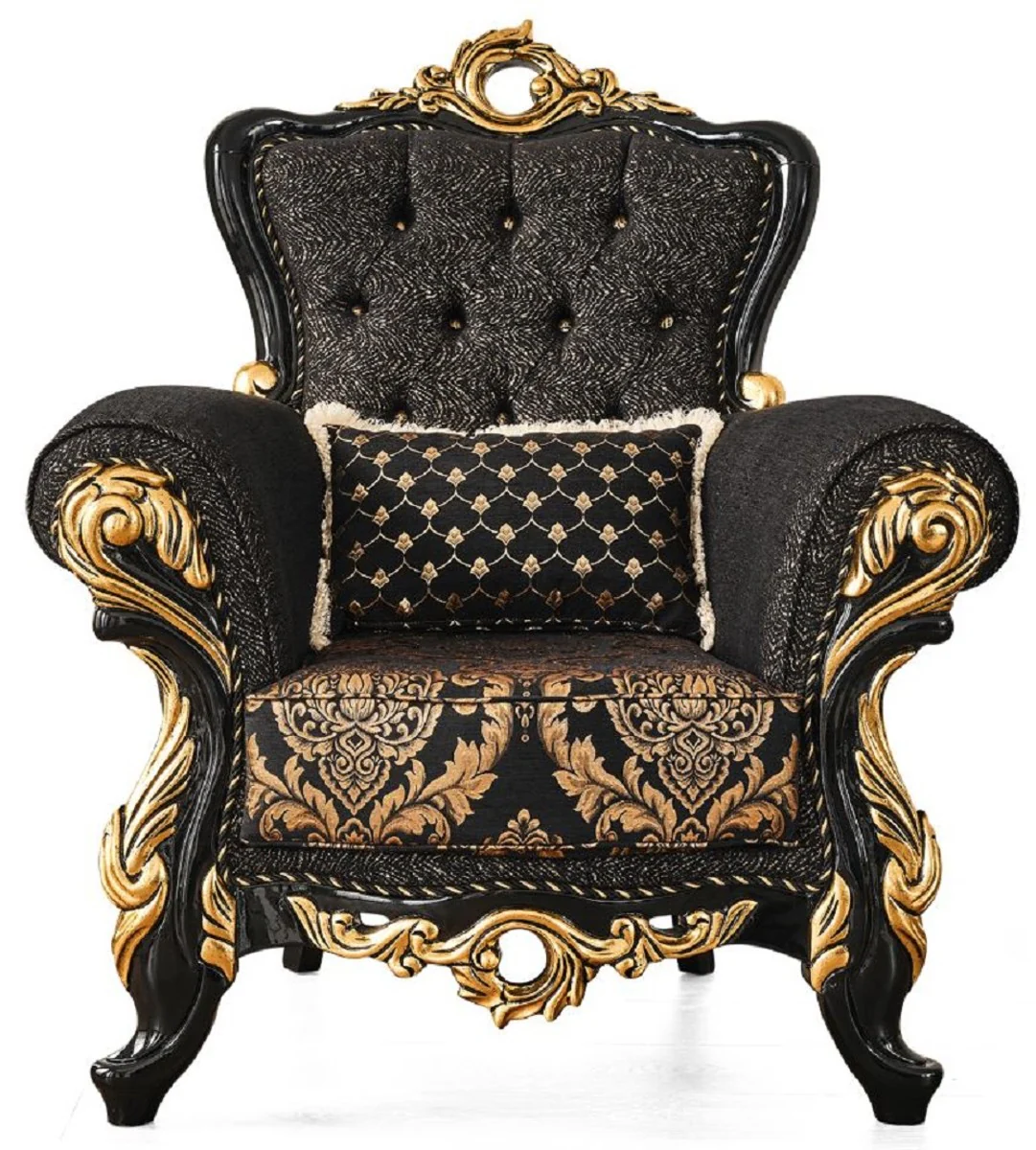 Luxus Barock Wohnzimmer Set Braun / Schwarz / Gold - 2 Sofas & 2 Sessel & 1 Couchtisch & 2 Beistelltische - Wohnzimmer Möbel im Barockstil - Edel & Prunkvoll