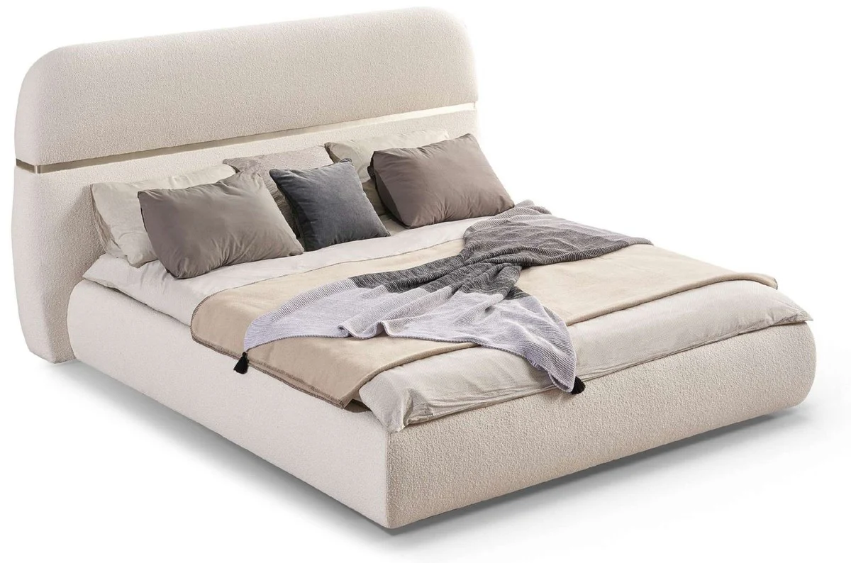 Luxus Doppelbett Creme / Gold 230 x 244 x H. 130 cm - Massivholz Bett mit Kopfteil - Schlafzimmer Möbel - Hotel Möbel - Luxus Möbel - Luxus Einrichtung