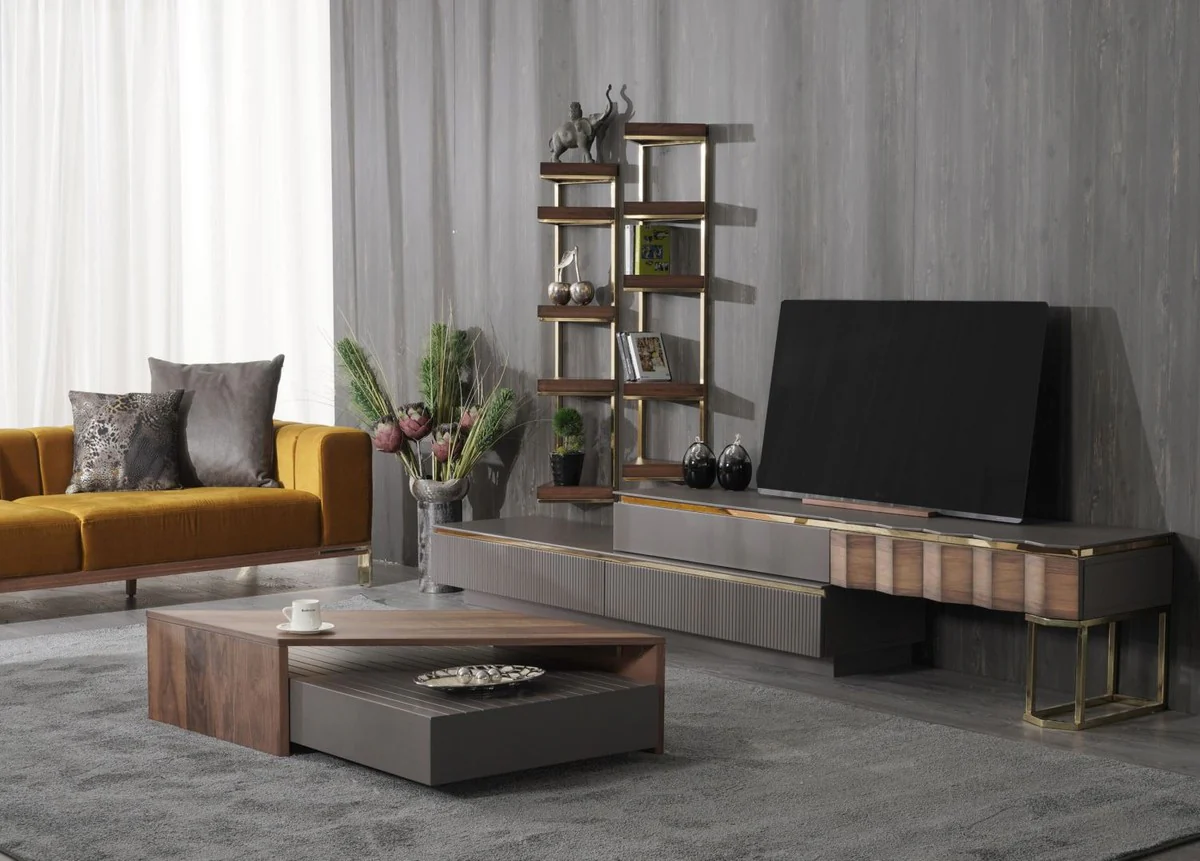 Luxus Couchtisch Braun / Grau 130 x 80 x H. 32 cm - Rechteckiger Massivholz Wohnzimmertisch - Wohnzimmer Möbel - Luxus Möbel - Luxus Einrichtung